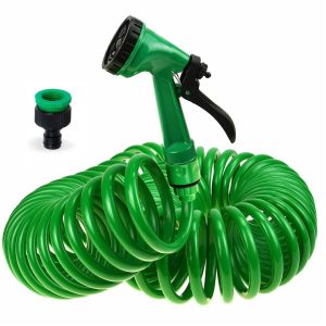 Garden Hose Set, Retractable Garden Hose Reel Pipe, Spiral Hose with Garden Spray Nozzle with 7 Functions, Quick Coupling (Green, 30m)